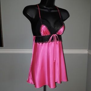 Victoria's Secret Pink Satin Chemise with Black La